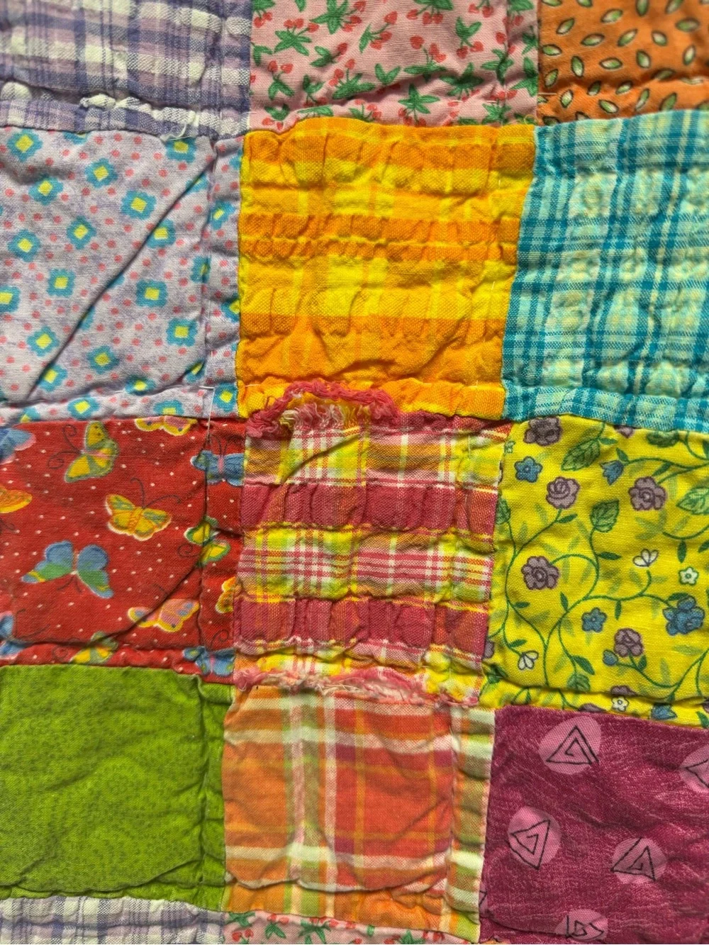 Vintage hand sewn colorful patchwork quilt postage stamp squares 84x84